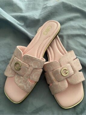 GBG Pink Slide Sandals with Gold G Emblems